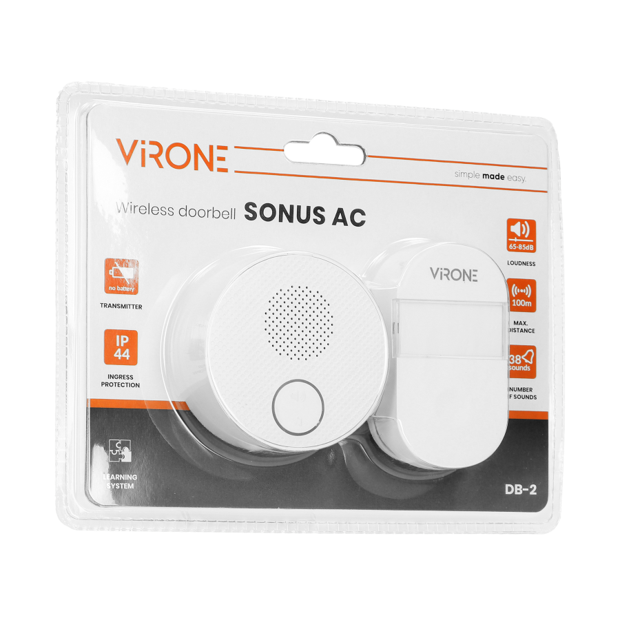 SONUS AC wireless doorbell, plug-in system, with battery-free button, learning system, 38 ringtones, operation range up to 100m